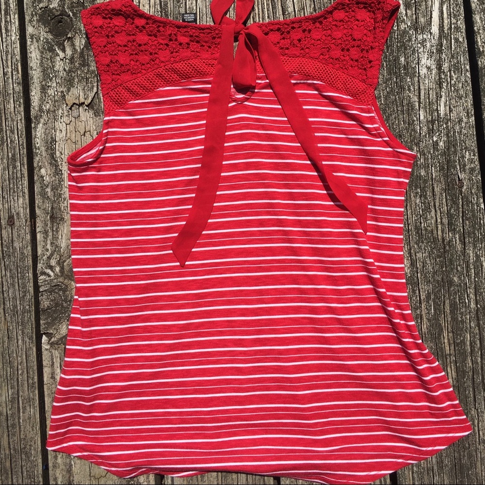 Red and White Striped Top with Lace Detail